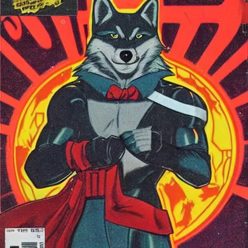 Image similar to 1 9 8 0 s comic book cover scan featuring a portrait of villain male wolf o'donnell anthropomorphic wolf furry fursona from starfox wearing a dark space mercenary uniform, dark grey wolf, handsome eyes, wolf o'donnell