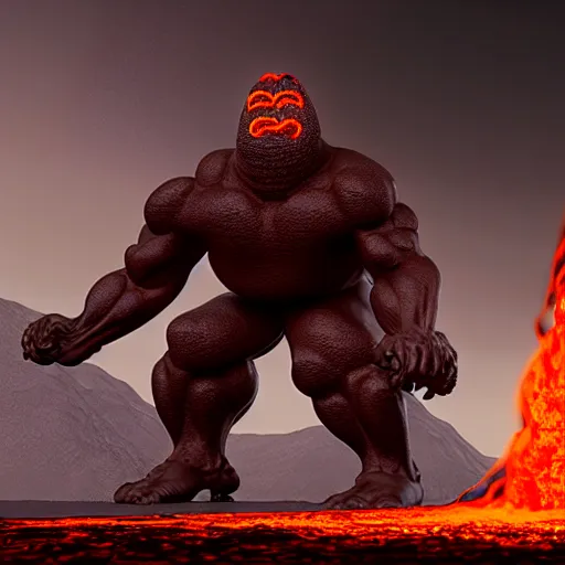 Image similar to a large, muscular, standing, humanoid, lava rock, magma, fire golem creature, burning eyes, exaggerated perspective, unreal engine, 3 5 mm