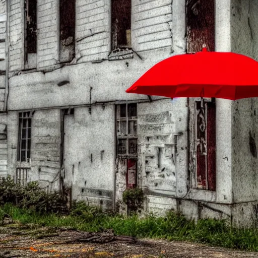 Image similar to abandoned places with a red umbrella, cinematic light,