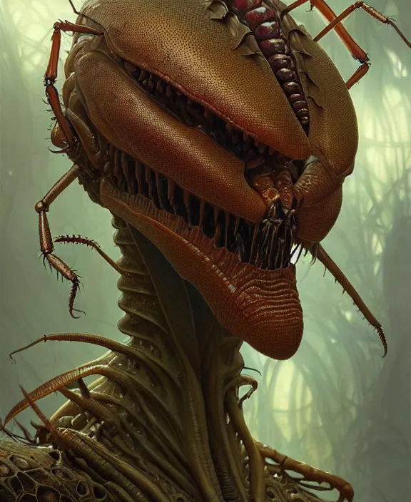 Image similar to intricate portrait of a scary alien insect creature, adorable, childlike, overgrown environment, ultra realistic, concept art, maximalist, photorealistic, octane render, 8 k, unreal engine. art by christopher marley and artgerm and greg rutkowski and alphonse mucha