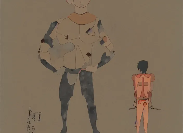 Prompt: naturalistic portrait of a simple warrior, representational earth tones, stunning clarity experimental cut paper mixed media blotchy character shape design by masaaki yuasa, pleasing palette watercolor masterpiece