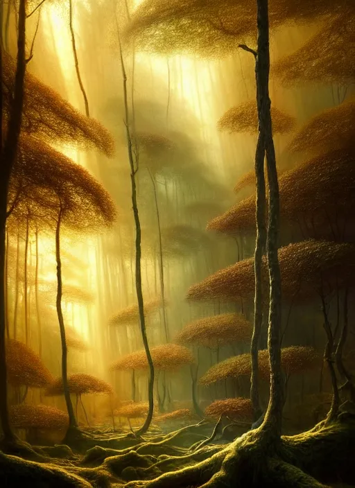 Image similar to a hyper - detailed 3 d render like a oil painting of the multidimensional forest in the golden light of dawn, surrealism!!!!! surreal concept art, lifelike, photorealistic, digital painting, aesthetic, smooth, sharp focus, artstation hd, by greg rutkowski, chris tulloch mccabe, valentina remenar and asher duran,