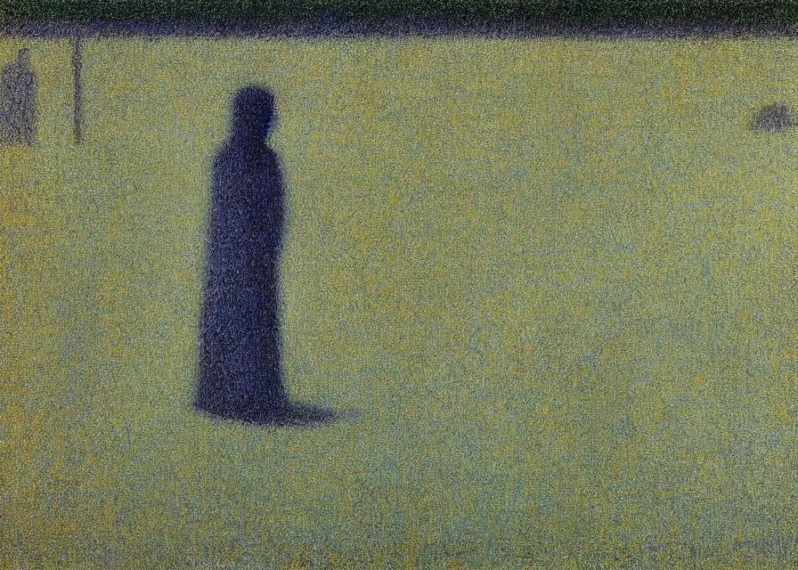 Image similar to white sheet ghost standing in an empty field, by georges seurat