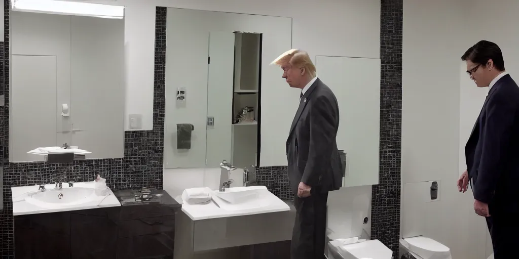 Image similar to ultra wide angle photo of donald trump dressed in a a green flannel shirt and black dress pants as clark kent looking at himself in a bathroom mirror and seeing his reflection as superman