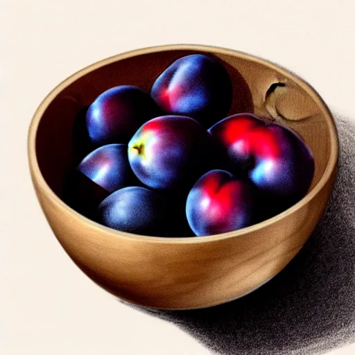 Prompt: concept art drawing of a single thick porcelain bowl filled with a few moist freshly picked plums on a wooden table. volumetric lighting. small scale. artistic. trending on artstation.