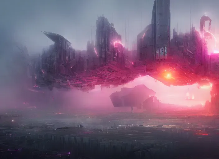 Image similar to large android like creature appearing through the fog which half covers a futuristic city. explosions, ultra wide angle, panoramic, colourful painting, detailed art by stephen martiniere, 8 k resolution