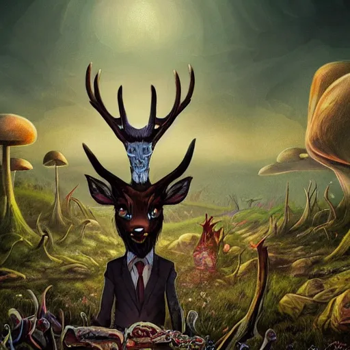 Image similar to 4 k headshot portrait of a psychedelic demonic anthropomorphic deer - horned wendigo smoking a hand - rolled cigarette smoking heavily, magic mushroom village in background. award winning. superb resolution. in the art style of junji ito and greg rutkowski. detailed mushroom city in background. hyper realistic anime. perfect art. dalle 2