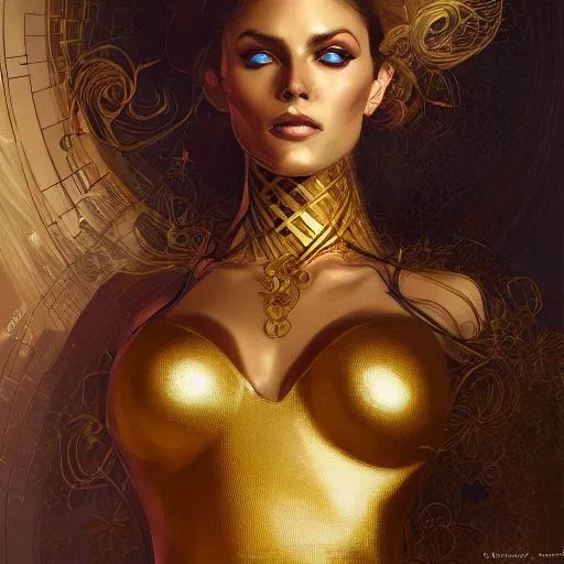 Image similar to Sandman with a gold suit, portrait, intricate, elegant, highly detailed, digital painting, artstation, concept art, smooth, sharp focus, illustration, art by artgerm and greg rutkowski and alphonse mucha