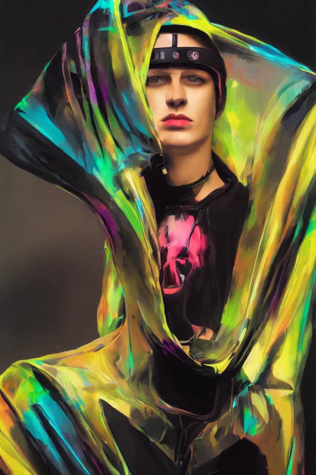 Image similar to digital fashion, androgynous person, punk rocker, tactical poncho latex rags, wearing a visor, techwear, iridiscent light, high key, cinematic lighting at night, neon, phil hale, boris vallejo, alberto mielgo, patrick o'keeffe