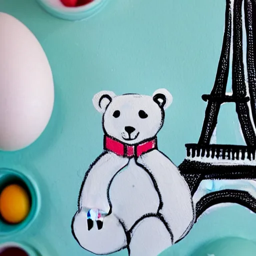 Image similar to A polar bear painting easter eggs in front of the Eiffel Tower