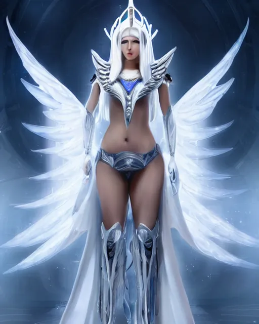 Prompt: perfect white haired attractive egyptian goddess with huge white dove wings, warframe armor, beautiful, symmetric, dreamy, half asian, pretty face, blue eyes, detailed, scifi platform, laboratory, experiment, 4 k, ultra realistic, epic lighting, android body, illuminated, cinematic, masterpiece, art by akihito tsukushi, voidstar, livia prima