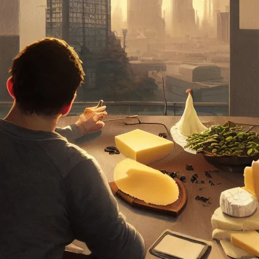 Image similar to mark zuckerberg eating an entire wheel of cheese, highly detailed vfx portrait, unreal engine, greg rutkowski, loish, rhads, caspar david friedrich, makoto shinkai and lois van baarle, ilya kuvshinov, rossdraws, elegent, tom bagshaw, alphonse mucha, global illumination, detailed and intricate environment.