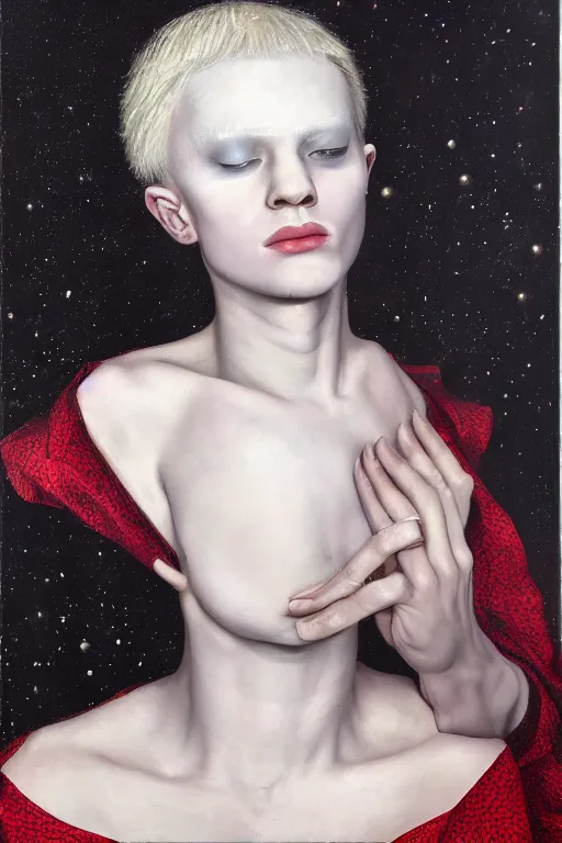 Image similar to hyperrealism oil painting, close - up portrait of albino medieval fashion model, black silk, steel gradient mixed with nebula sky, in style of baroque