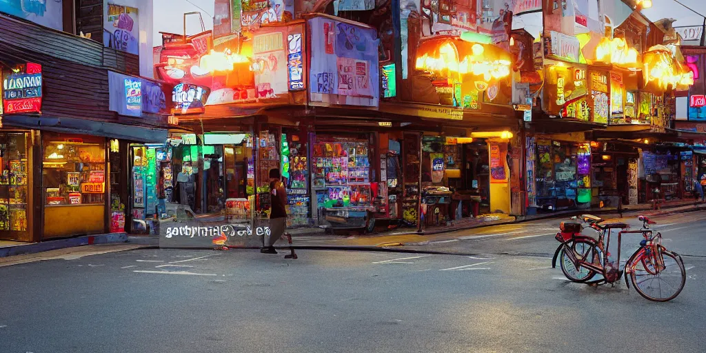 Image similar to Dusk City Street, Intersection, Storefront, alleyway, beer advertisement, bicycle in background, chairs, table, city street lights, clumps of bananas, colored light, colorful umbrella, convenience store, dusk sky, dingy city street, exiting store, getting groceries, hilly road, Korean writing, looking down street, moped, raining, smoking outside, tan suit, wet road, wet street, white shoes, wires hanging above street, wires in background, very high quality photography, dusk, cinematic.