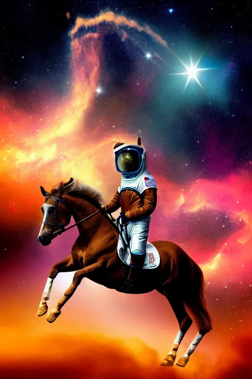 Prompt: astonaut horse, wearing space helmet, floating in space, nebulas and stars in background, space photography, ultrarealistic, sharp focus, intricate, ultra high definition, ultra resolution details, no duplicate, proportional, shadow effect, baroque environment