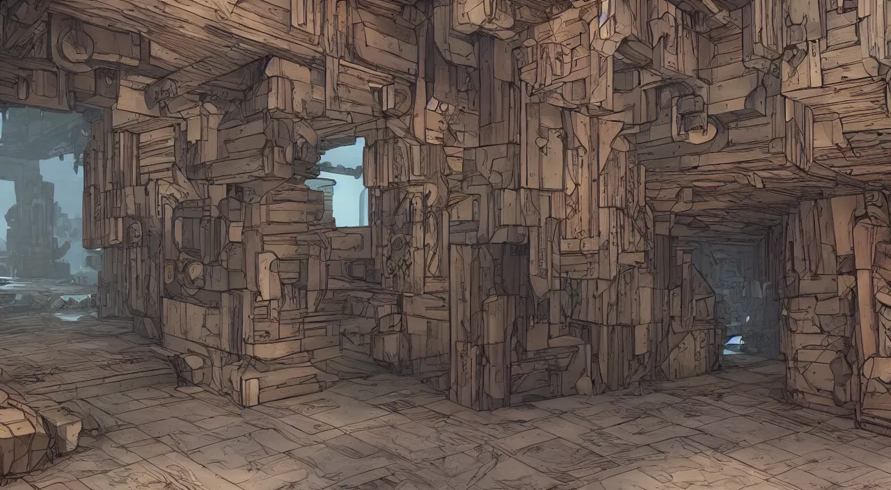 Image similar to wood wall fortress greeble block amazon jungle portal door unknow world global illumination ray tracing ambiant torch fornite that looks like it is from borderlands and by feng zhu and loish and laurie greasley, victo ngai, andreas rocha, john harris