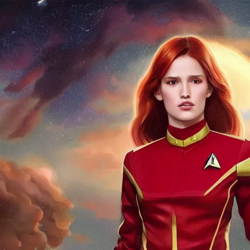 Image similar to ultra realistic illustration, bella thorne as captain wearing star trek red uniform, intricate, elegant, highly detailed, digital painting, artstation, concept art, smooth, sharp focus, illustration, art by artgerm and greg rutkowski and alphonse mucha