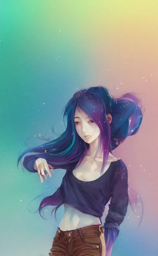 Image similar to a kawaii woman with rainbow hair, soft eyes and narrow chin, dainty figure, long hair straight down, kawaii shirt and jeans, basic white background, In style of by Jordan Grimmer and greg rutkowski, crisp lines and color