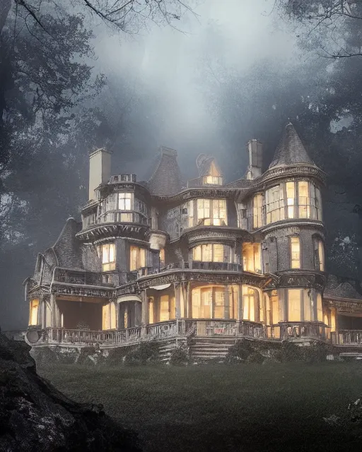 Prompt: a wide angle low photo of a colossal haunted victorian mansion on the edge of a cliff above a misty forest at night, volumetric light, epic proportions, ectoplasm, mystical, occult, alchemy, ultra detailed, 8 k