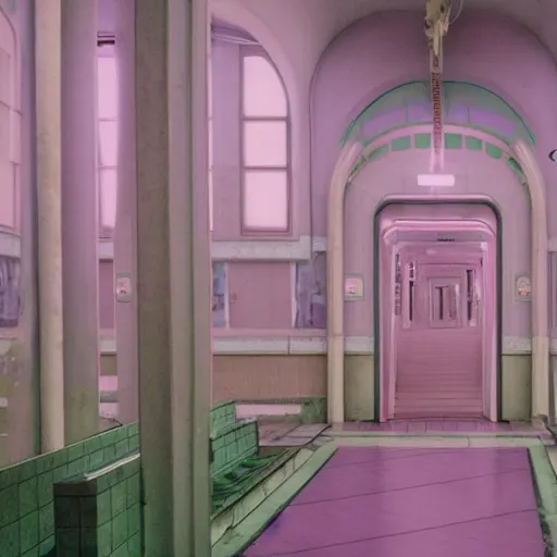 Prompt: pastel colors, hd 8 k, abandoned, overgrown, vaporwave, subway station, at the grand budapest hotel