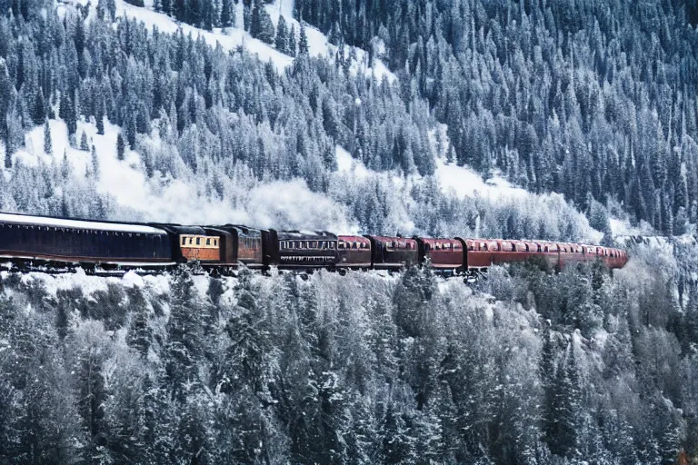 Prompt: a steam train travels through a mountainous snowy landscape