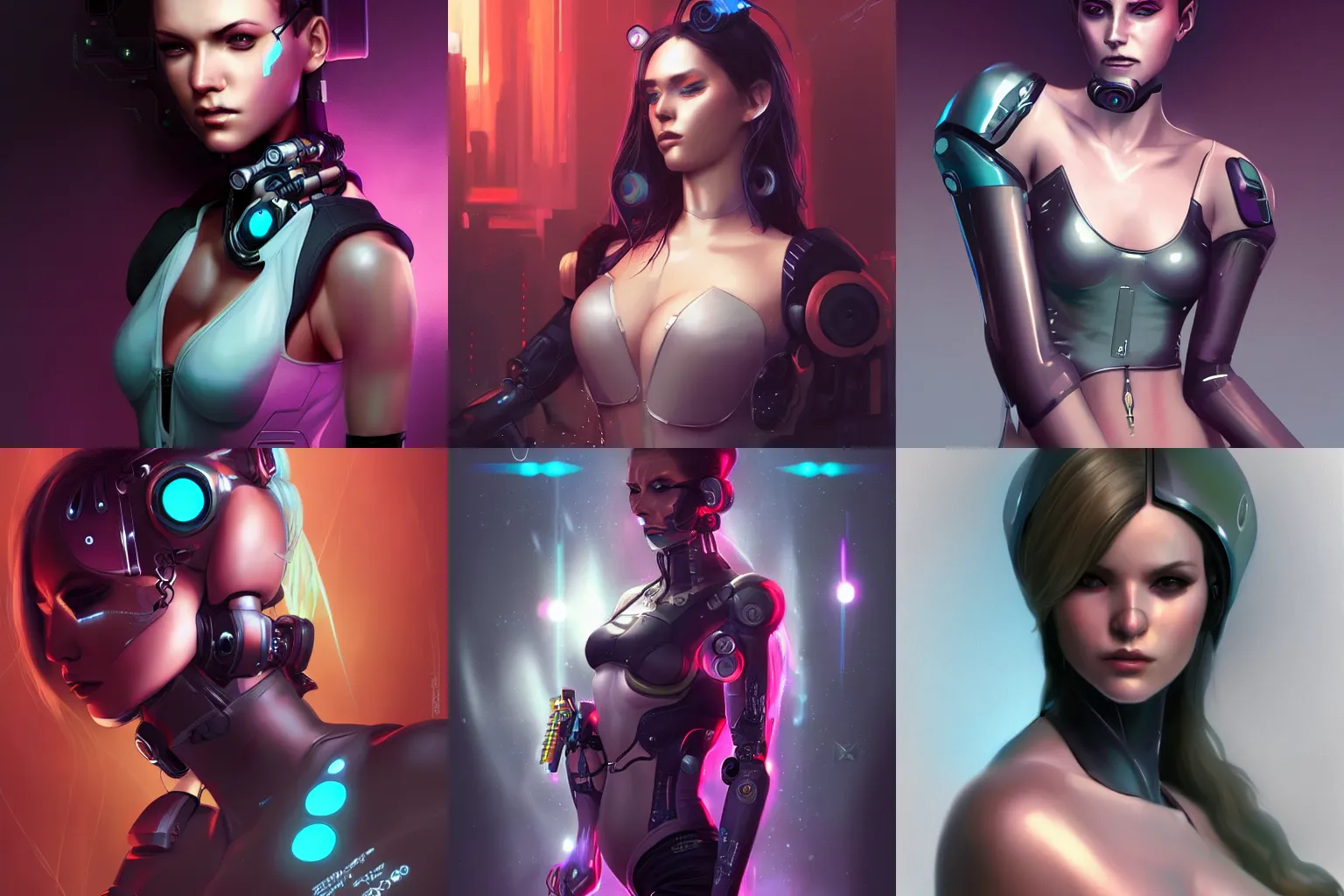 Prompt: A portrait of beautiful female cyberpunk with robotic arms in a bodysuit by, Charlie Bowater and Mark Brooks, trending on artstation