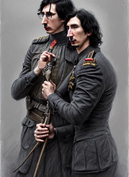 Image similar to painting of both john oliver and adam driver together, john oliver, adam driver, stoic, full body, military uniform, fantasy, intricate, elegant, beautiful, highly detailed, charcoal, centered, dark, smokey, digital painting, concept art, smooth, sharp focus, illustration, art by artgerm, art by greg rutkowski, art by alphonse mucha