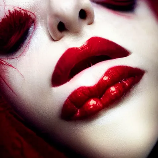 Image similar to lips sewn shut surrounded by red curtains by Conrad Roset and Nicola Samuri, close-up shot, rule of thirds, seductive look, beautiful, intricate, dystopian, sci-fi, extremely detailed, digital painting, artstation, concept art, smooth, sharp focus, illustration, intimidating lighting, incredible art, details visible, very dark ambiance
