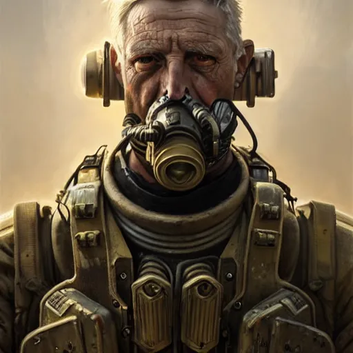 Prompt: portrait painting of a post - apocalyptic blonde older male soldier wearing dieselpunk power armor, ultra realistic, concept art, intricate details, eerie, highly detailed, photorealistic, octane render, 8 k, unreal engine. art by artgerm and greg rutkowski and charlie bowater and magali villeneuve and alphonse mucha