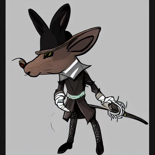 Image similar to anthropomorphic jackrabbit harengon with black skin and white highlights, wearing stylized monk robes and a very wide brimmed black hat, focus on hat, digital art featured on artstation