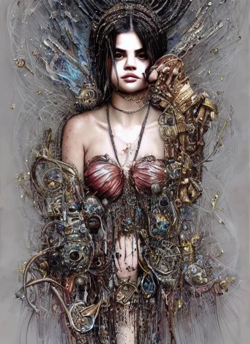 Image similar to expressive photo of selena gomez mixed with sophia lauren, bumpy mottled skin full of blood and scars, ornate headpiece made from crystals, cables and wires, hypermaximalist, elegant, body horror, by karol bak nd yoshitaka amano and greg rutkowski and jeremyg lipkinng and artgerm, photorealistic