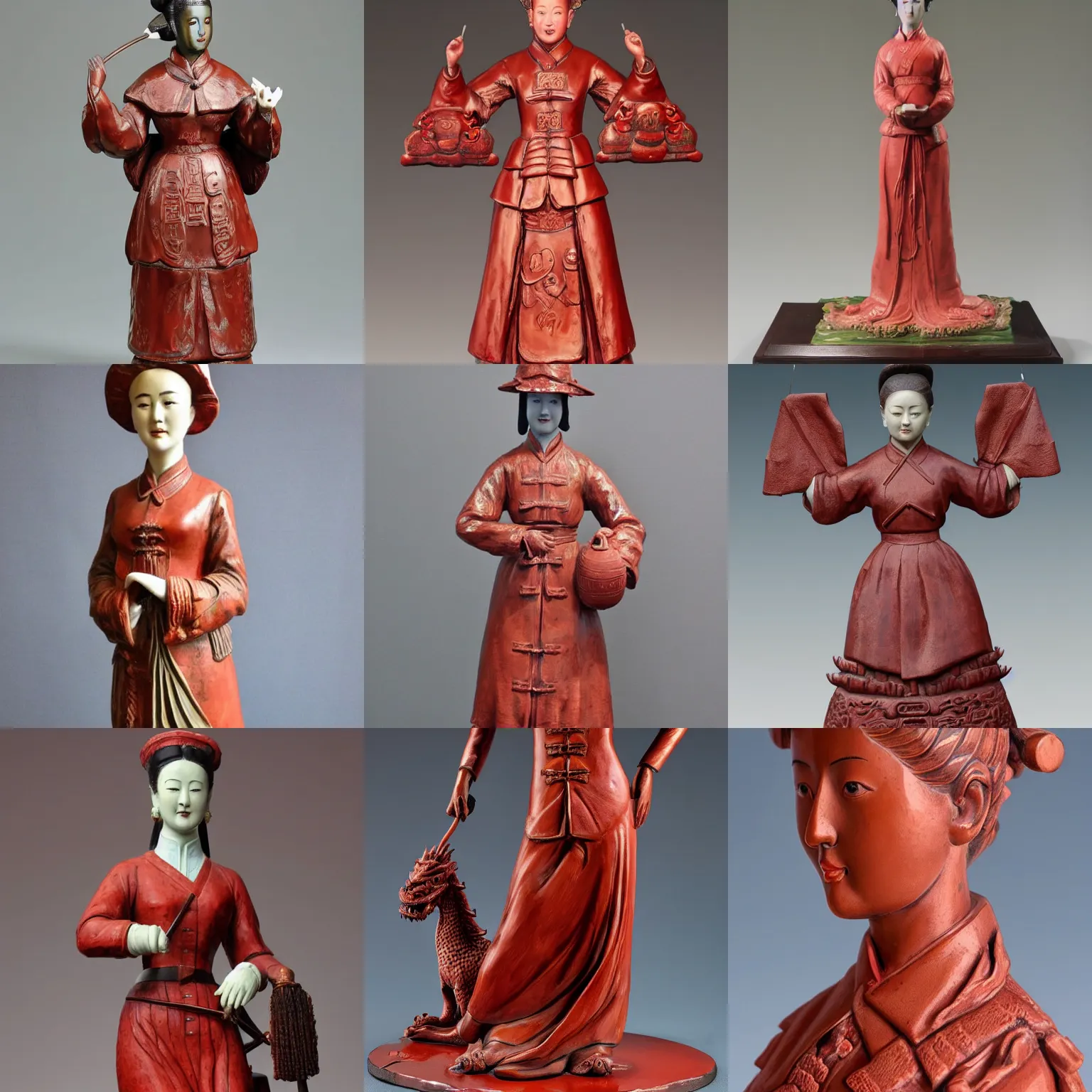 Prompt: museum girl statue monument made from chinese porcelain brush face hand painted with iron red dragons full - length very very detailed