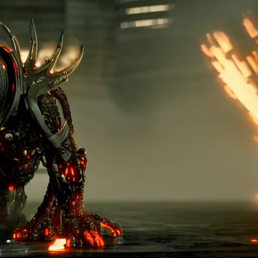 Image similar to a film still of a cyborg dragon from a marvel movie, octane render, 8 k, fire, sci fi, hyper detailed