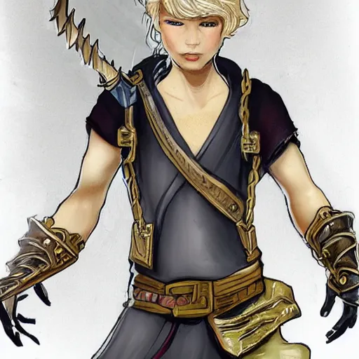 Image similar to A blonde boy fantasy thief in a fantasy setting, epic fantasy art style