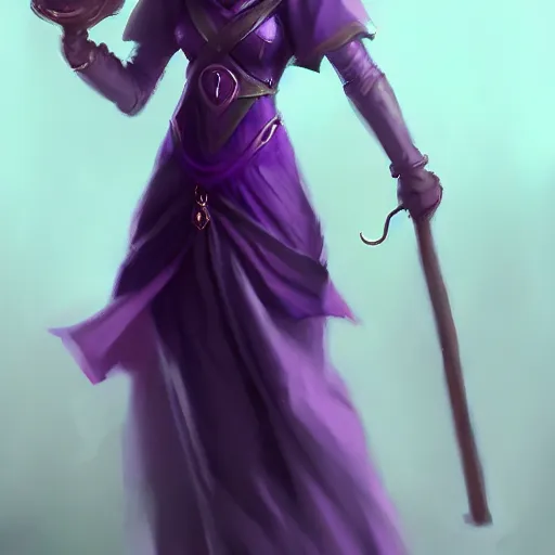 Prompt: a woman in a purple dress holding a staff, concept art by li fangying, artstation contest winner, fantasy art, dark and mysterious, artstation hd, concept art