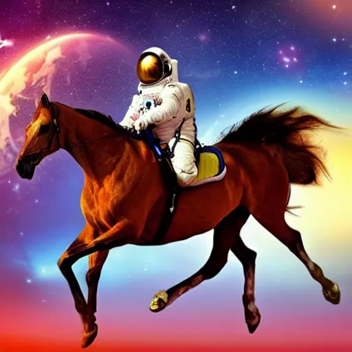 Image similar to a horse above a man in space suit, horse riding astronaut, space background, art