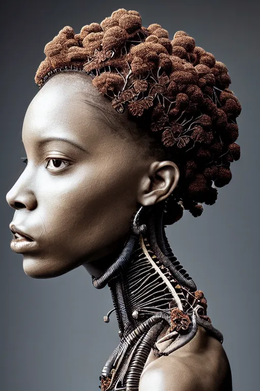 Prompt: complex, fascinating biomechanical afro female cyborg with a delicate fragile porcelain profile face, analog, 150 mm lens, beautiful natural soft rim light, big leaves and stems, roots, fine foliage lace, silver dechroic filigree details, massai warrior, Alexander Mcqueen high fashion haute couture, pearl earring, art nouveau fashion embroidered, steampunk, intricate details, hexagonal mesh wire, mandelbrot fractal, anatomical, facial muscles, cable wires, microchip, elegant, red lips, hyper realistic, ultra detailed, octane render, H.R. Giger style, volumetric lighting, 8k post-production