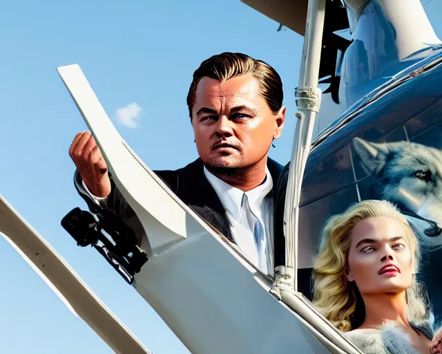 Image similar to leonardo dicaprio as the wolf of wall street next to margot robbie as naomi from the wolf of wall street in a helicopter, hyper realistic faces, beautiful eyes, cinematic, long shot, hyper detailed, 8 5 mm photograph, 8 k resolution, film still, sharp lens, wide lens