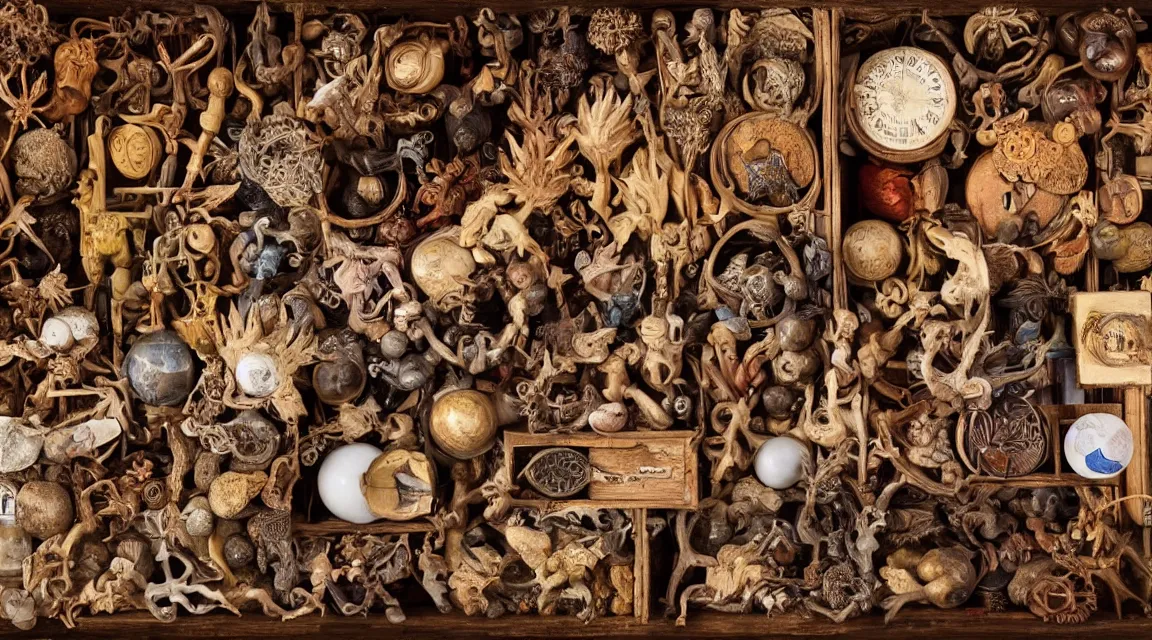 Image similar to wooden box with cabinet of curiosities filled with strange natural artifacts and wonders of the world, photorealistic, profesional photo, by Steve McCurry