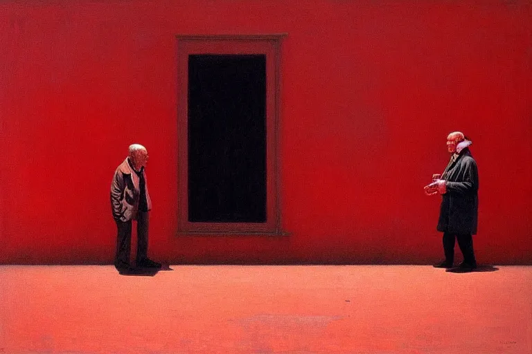 Image similar to only with red, a red old man try to sell a portrait, in a square, crowd cheering, in the style of beksinski, parts by edward hopper, parts by rodcenko, parts by yue minjun, intricate and epic composition, red by caravaggio, insanely quality, highly detailed, masterpiece, red light, artstation, 4 k