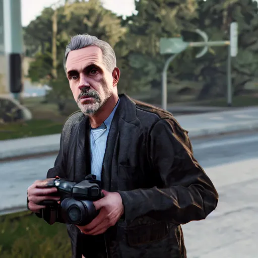 Image similar to jordan peterson in gta v 50mm dslr, f/5.6