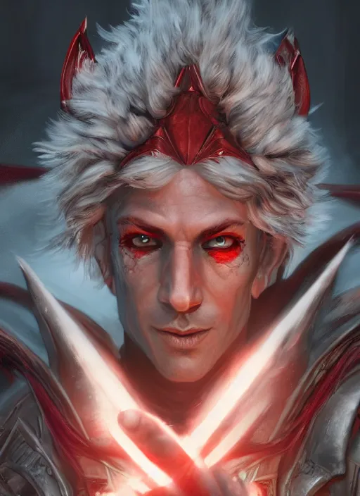 Image similar to A fantasy comic book style portrait painting of a grey elf with red eyes as a Sorcerer in a atmospheric fantasy setting, unreal 5, DAZ, hyperrealistic, octane render, RPG portrait, ambient light, dynamic lighting