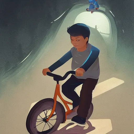 Image similar to a father helping his son ride a bike for the first time, flat graphic style, children's book illustration by Loish, Wenjun Lin