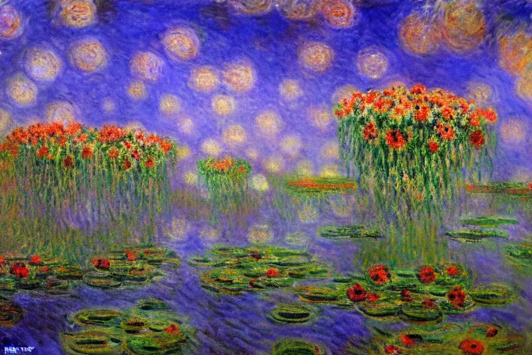 Image similar to Claude Monet oil painting of an extraterrestrial planet with exotic alien flora, vivid colors, unimaginable, breathtaking, masterpiece