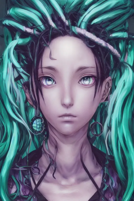 Image similar to portrait of an anime manga girl with green snake dreads, straight on, by artgerm, james jean, tom bagshaw, gerald brom, vaporwave colors, lofi colors, vaporwave, lofi, goth vibe, 4 k, smooth, hd, substance designer render, full body character concept art, symmetrical,