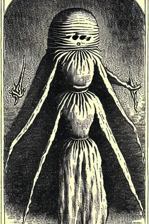 Image similar to the flatwoods monster, as a demon from the dictionarre infernal, pen - and - ink illustration, etching by louis le breton, 1 8 6 9, 1 2 0 0 dpi scan, ultrasharp detail, hq scan, intricate details, stylized border