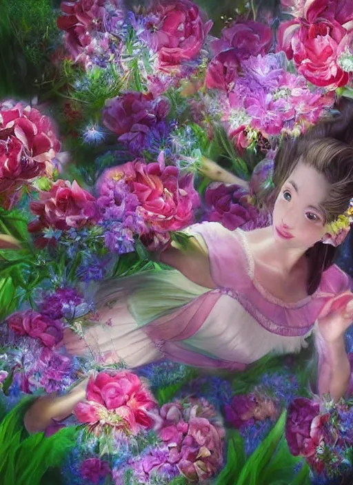 Prompt: elegant Aerith Gainsborough the Queen of flowers. ultra detailed painting at 16K resolution and epic visuals. epically surreally beautiful image. amazing effect, image looks crazily crisp as far as it's visual fidelity goes, absolutely outstanding. vivid clarity. ultra. iridescent. mind-breaking. mega-beautiful pencil shadowing. beautiful face. Ultra High Definition. amazingly crisp sharpness. high quality film still. processed twice. film grain. graphic novel poster.