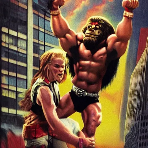 Prompt: giant wwf ultimate warrior holding small woman in his hands climbing a tall building like king kong, highly detailed, realistic movie poster