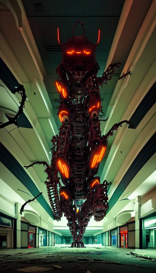 Image similar to biomechanical cybernetic monster creature in the dark abandoned mall, absolutely symmetrical 3 d artwork by simon stalenhag tooth wu ande beeple