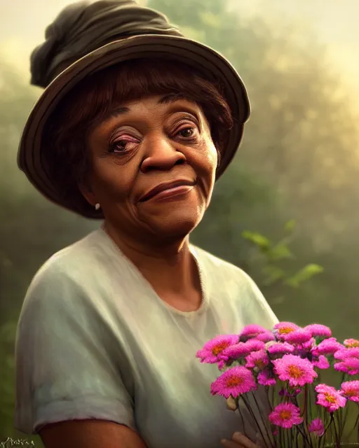 Image similar to moms mabley surrounded by mist and pretty flowers, very detailed, realistic face, detailed face, matte, tonemapping,, perfection, 4 k, cushart krenz, cinematic, atmospheric